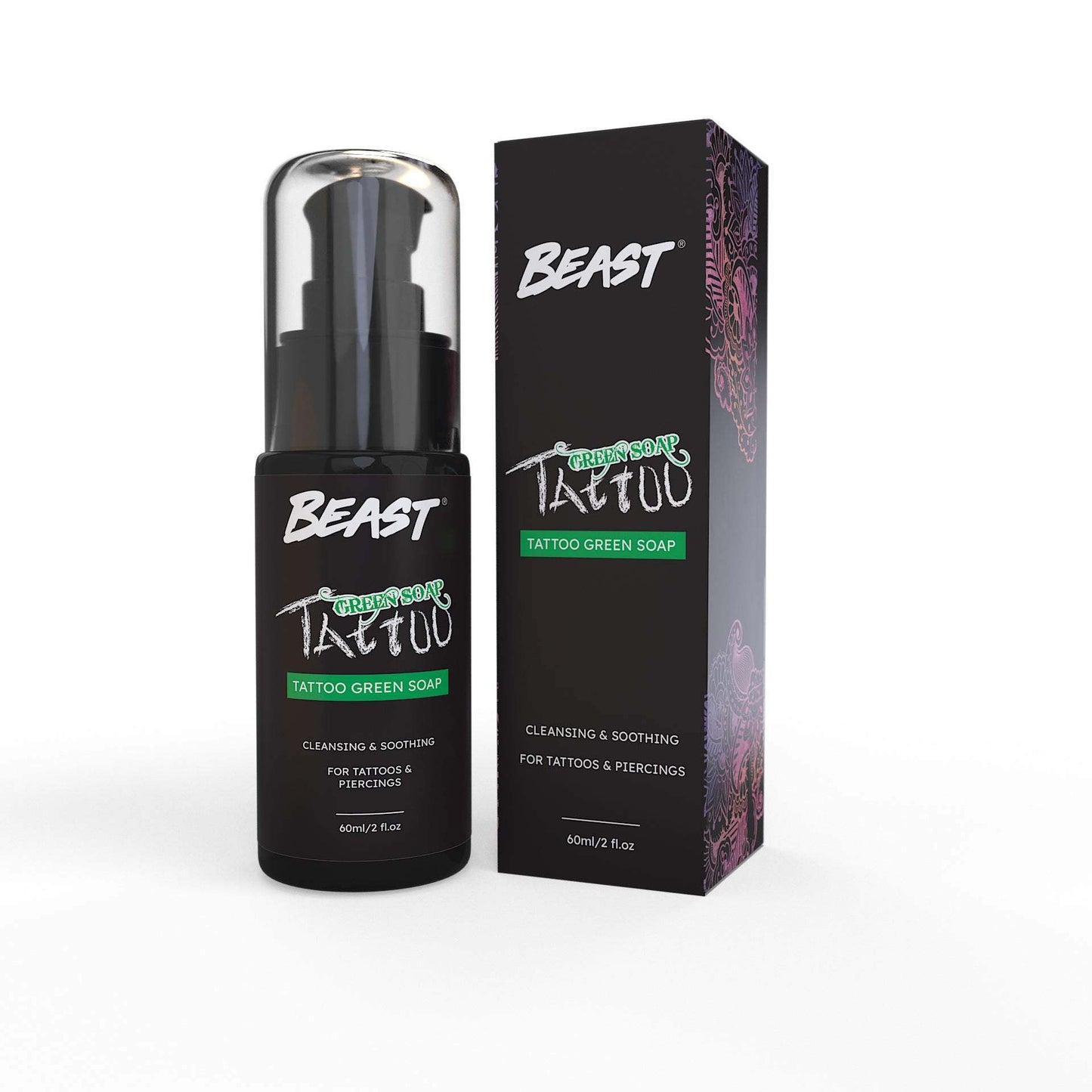 Beast Tattoo Aftercare Green Soap bottle for gentle tattoo cleaning and skin care
