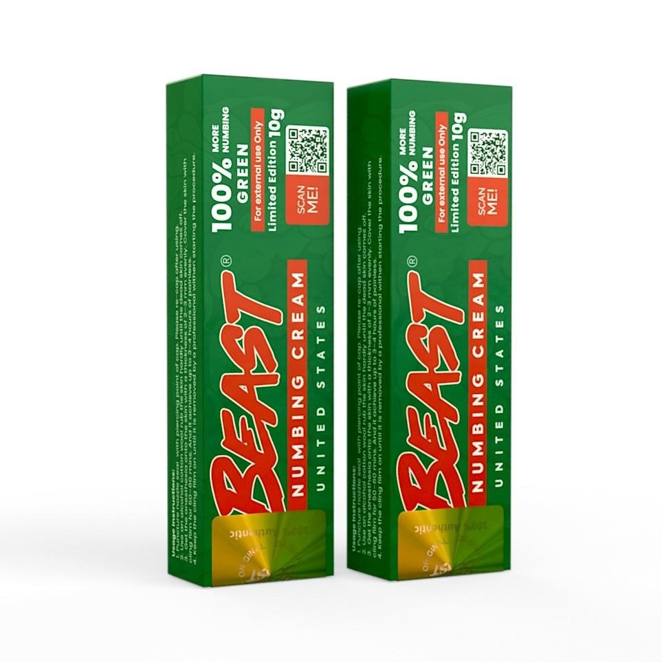 Two-pack Beast Numbing Cream Green tubes for long-lasting tattoo and cosmetic procedure pain relief