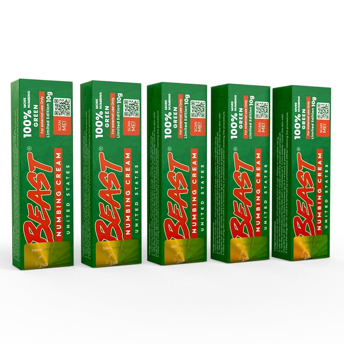 Beast Numbing Cream Green 5-pack tubes for long-lasting tattoo and cosmetic procedure pain relief
