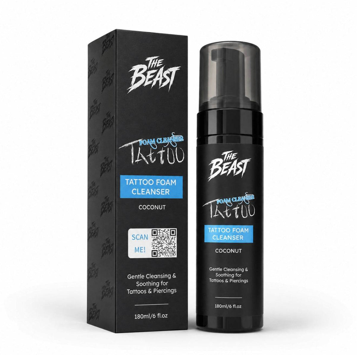 Tattoo Foam Cleanser in a black pump bottle and matching box, featuring coconut formula and blue label