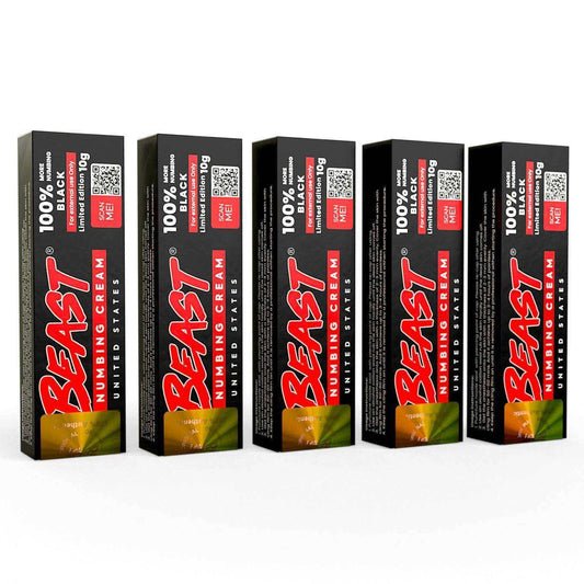 Beast Numbing Cream black packaging in five black rectangular boxes with red and white text and details