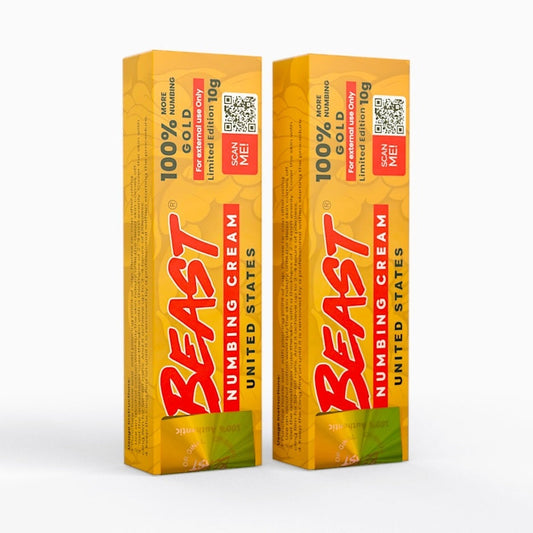 Two packs of Beast Numbing Cream in gold-yellow rectangular boxes with red and black text for cosmetic procedure pain relief