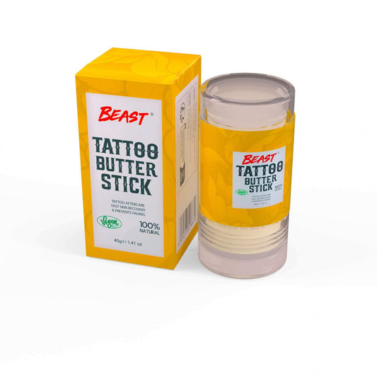 Tattoo Coconut Balm Stick in yellow and white packaging with clear balm container and bold 'Beast' branding, 40g size